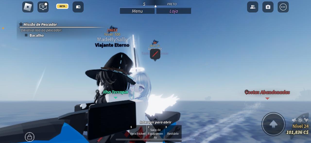 Eu e Maah juntos no Roblox, lado a lado em um barco no mar.